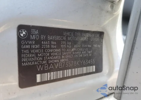 2008 BMW 335 I z USA, uszkodzony, nr VIN WBAVB73578KY63455